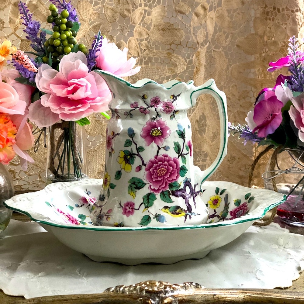 Vintage Old Foley “Chinese Rose” Dish & Pitcher, James Kent Staffordshire